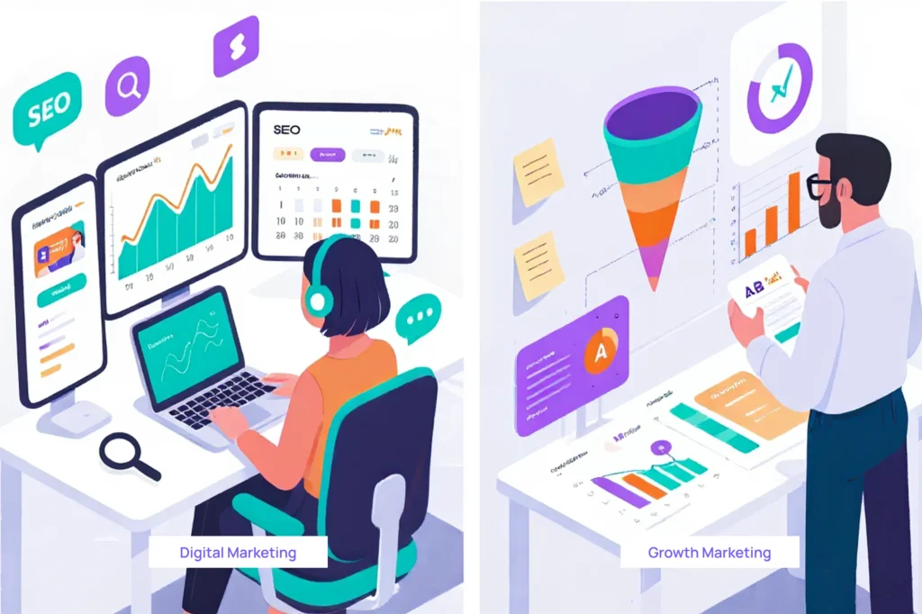 Side-by-side-comparison-chart-showing-how-digital-marketing-focuses-on-channels-awareness-and-scale-while-growth-marketing-owns-the-full-funnel-experiments-quickly-and-drives-revenue-efficiency.webp