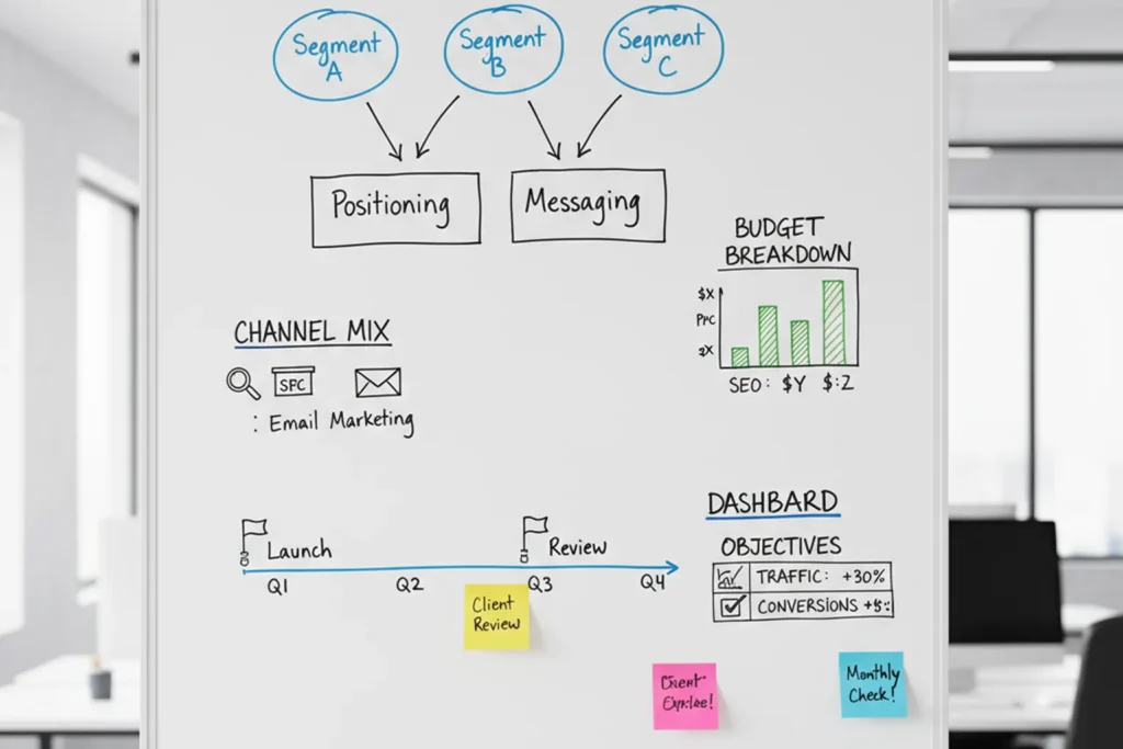 Sales funnel lead generation company follow-up timeline with email, SMS, call, and booked meeting.
