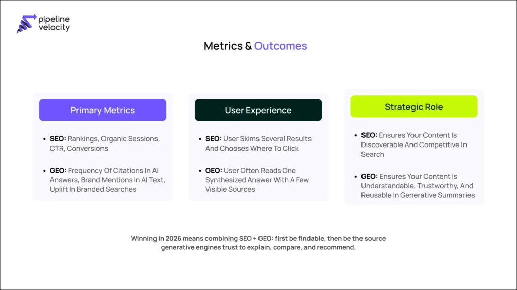 Infographic comparing GEO and SEO across goals, content requirements, and metrics, highlighting that SEO makes content discoverable while GEO makes it show up inside AI-generated answers and overviews.