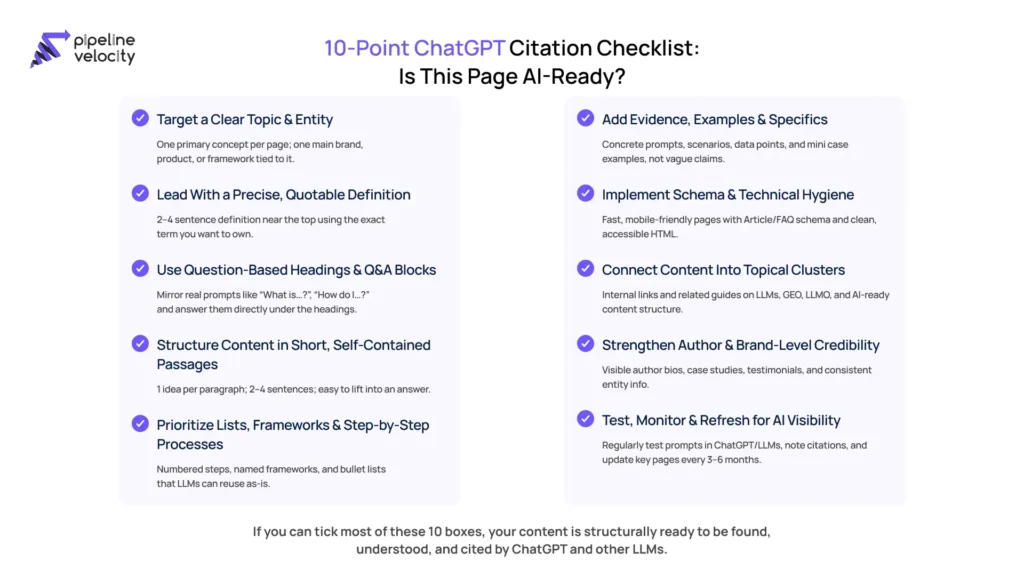 If you can tick most of these 10 boxes, your content is structurally ready to be found, understood, and cited by ChatGPT and other LLMs.