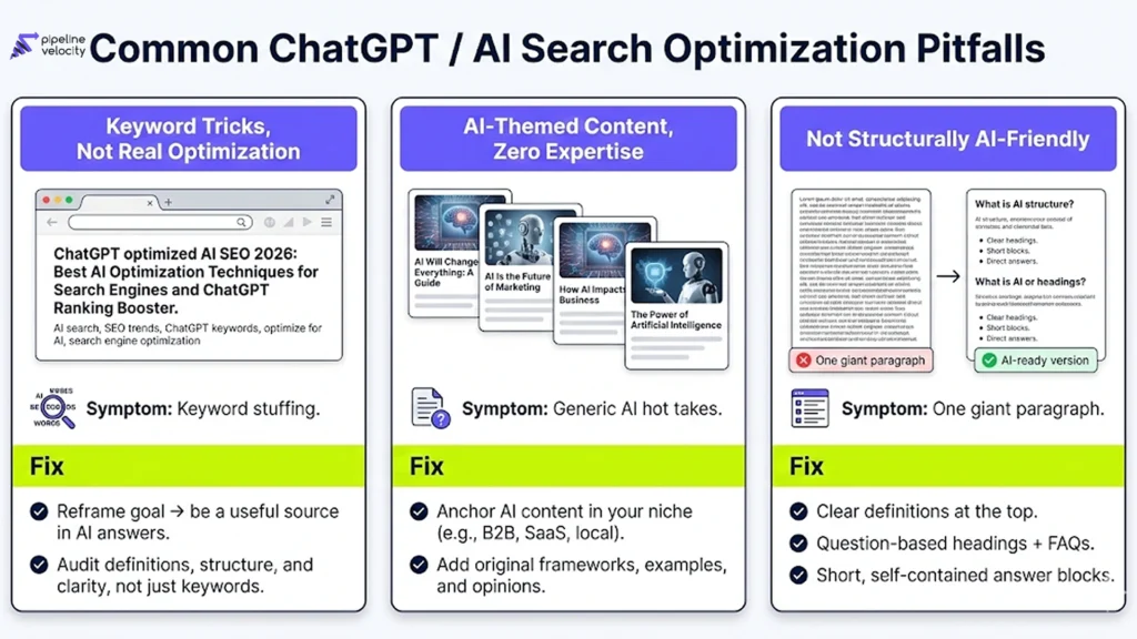 Three-card illustration showing typical AI search pitfalls, keyword tricks, generic AI content, and unstructured pages, each paired with a concise “fix” focused on expertise, structure, and clarity.