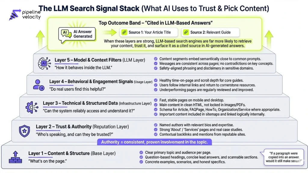 Infographic showing a layered “signal stack” for LLM-based search, from content and trust to technical, behavioral, and model-level signals, culminating in your site being selected and cited as a source in AI-generated answers.
