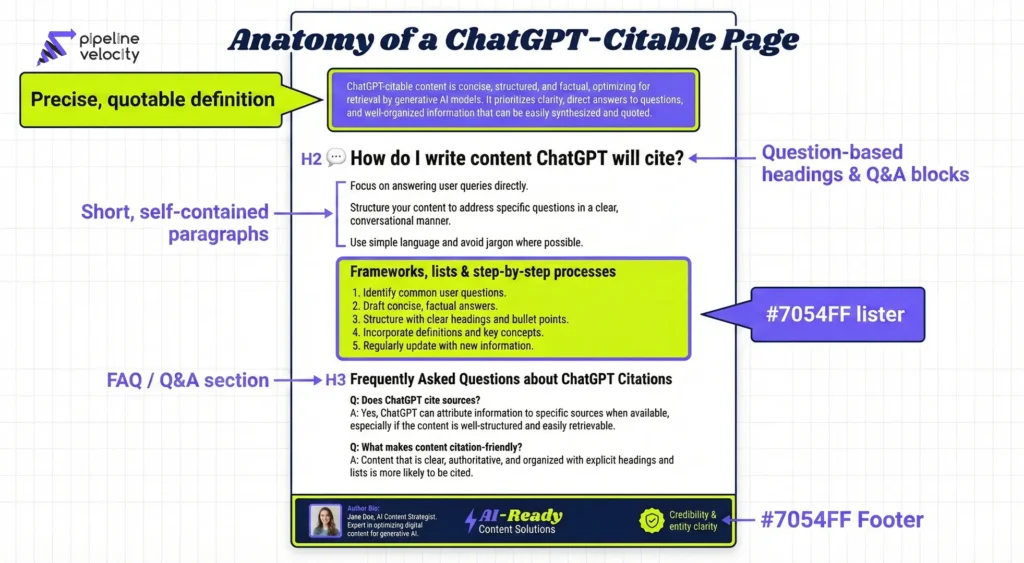 Mock webpage showing labeled sections for an AI-ready article: quotable definition at the top, question-based headings, short paragraphs, structured lists, FAQ block, and author/brand info.