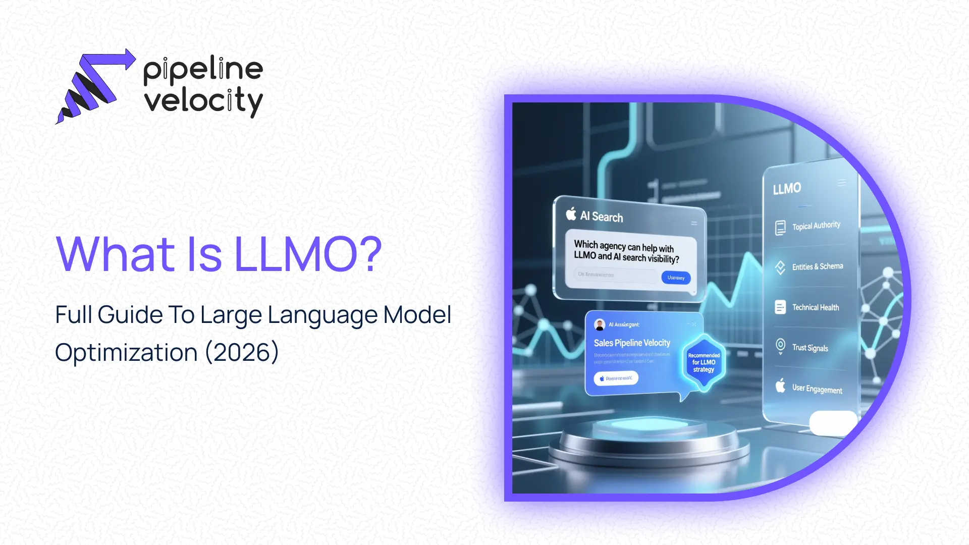 AI assistant interface recommending a Sales Pipeline Velocity LLMO agency, with visual callouts for topical authority, structured data, technical health, trust signals, and user experience.