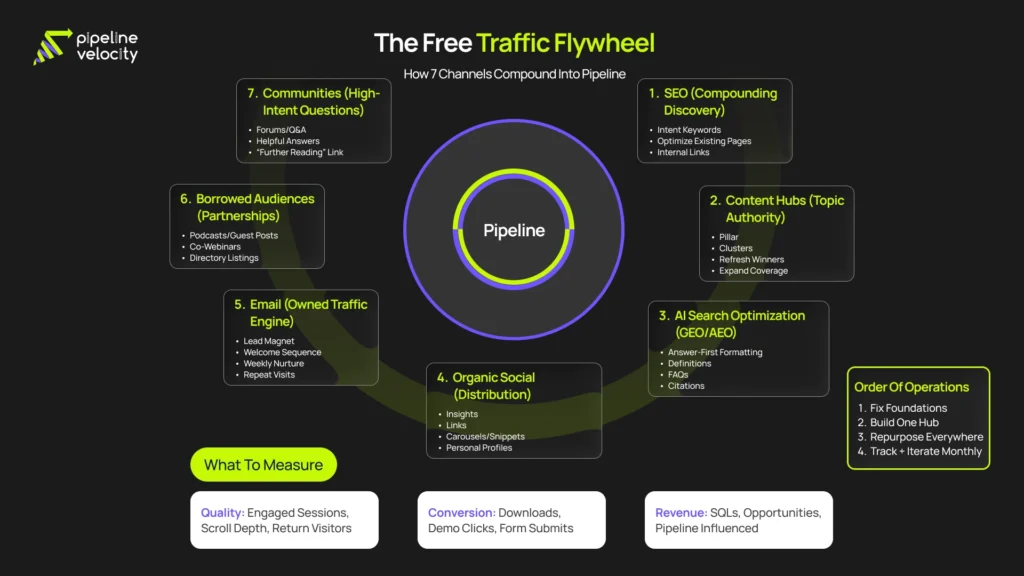 Infographic showing a free traffic flywheel where SEO, content hubs, AI search optimization, social, email, partnerships, and communities compound into leads and pipeline with quality/conversion metrics.