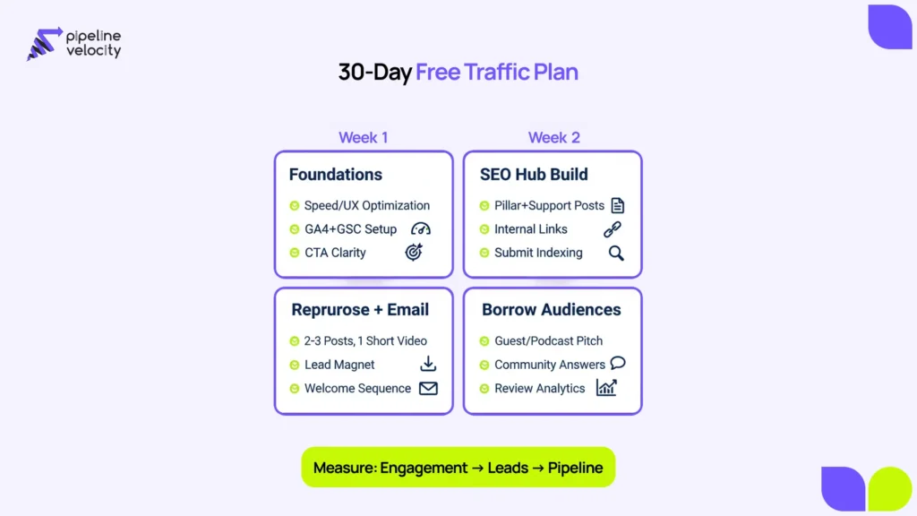 30-day action plan graphic for free website traffic with weekly steps: foundations, SEO content hub, repurposing + email, partnerships + community engagement.