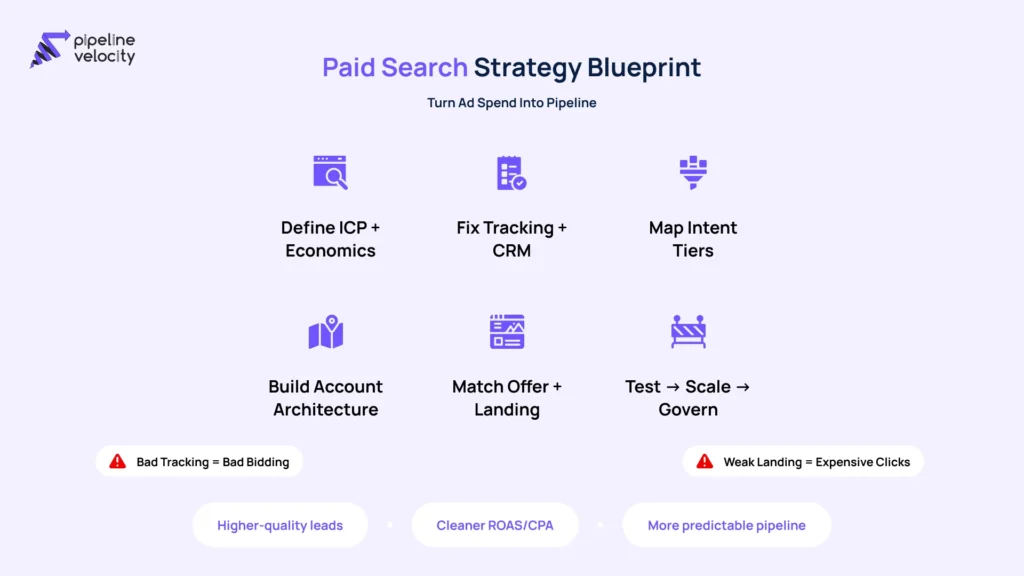 Infographic showing a PPC strategy consulting blueprint with six steps: define ICP and economics, connect tracking to CRM, map keyword intent tiers, build Google Ads account architecture, align offers with landing pages, and run a test-and-scale governance loop to drive pipeline