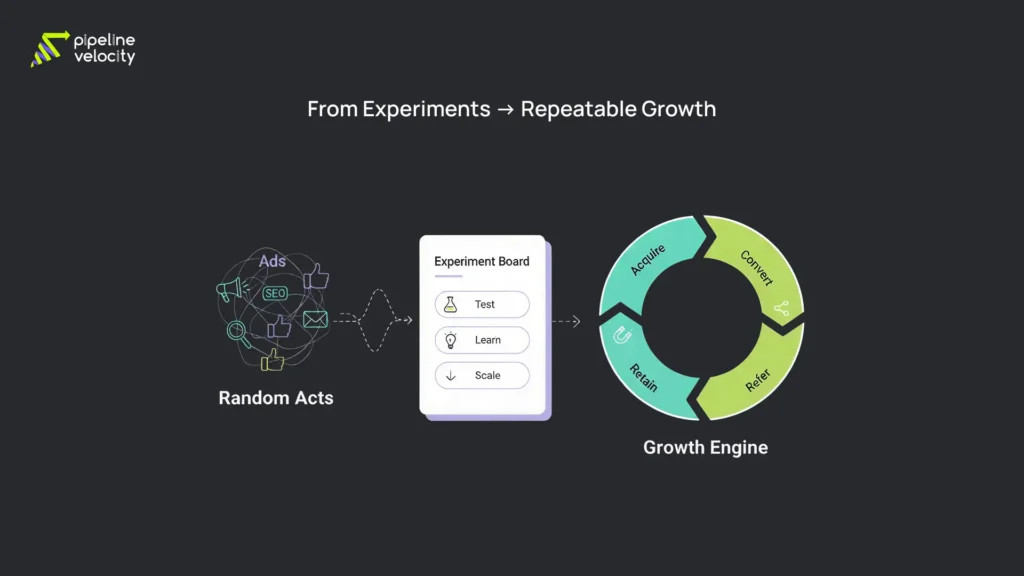 Illustration showing a startup moving from random marketing tactics to a structured growth marketing system with experiments that drive acquisition, conversion, and retention.
