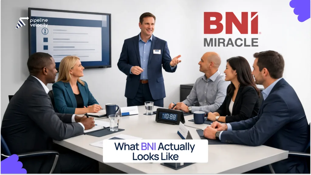 Professionals attending a structured BNI chapter meeting, showing how weekly referral networking works through consistent meetings and trusted business relationships.