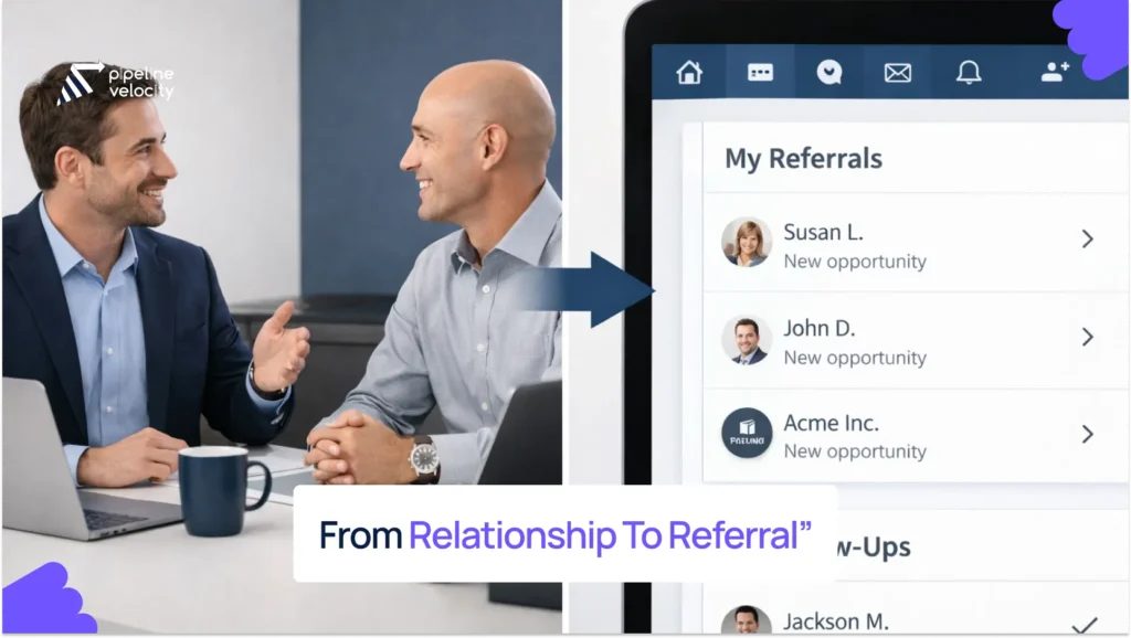 BNI members in a one-to-one meeting with referrals and follow-ups being tracked, showing how relationships turn into real business opportunities.