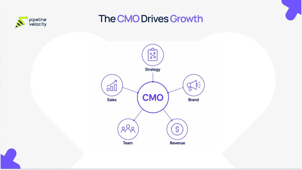 A simple hub-and-spoke diagram showing a CMO at the center connected to strategy, sales, branding, team leadership, and revenue growth.