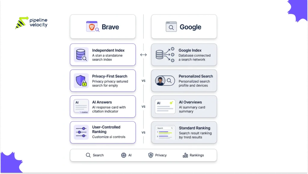 Comparison between Brave Search SEO and Google SEO highlighting indexing, privacy, AI search, and ranking differences.