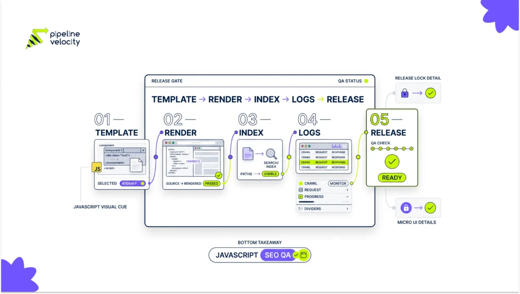 Three panels compare the server response, rendered page and indexed search representation.