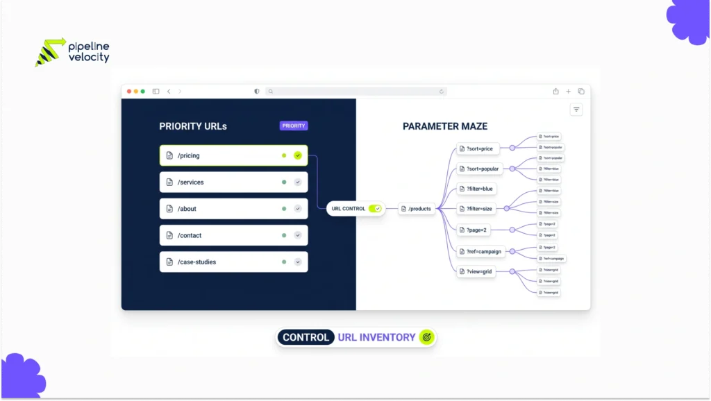 Googlebot chooses between priority pages and a maze of low-value parameter URLs.
