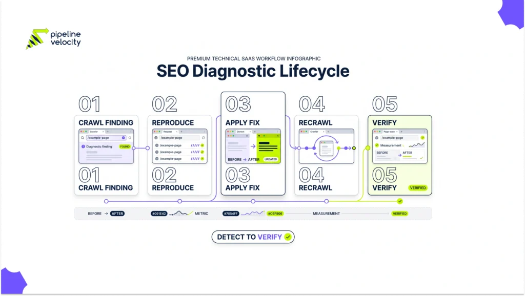 A workflow shows how a technical SEO finding moves through validation, implementation and measurement.